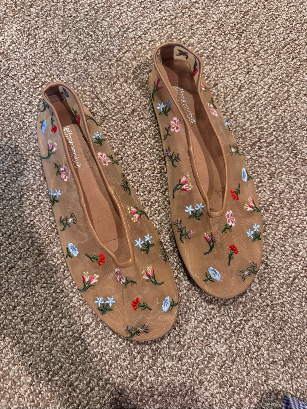 Jeffrey Campbell Tan Embroidered Floral Flats